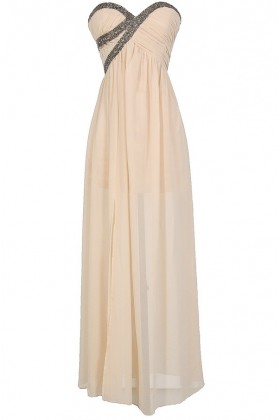 Silver Embellished Chiffon Designer Maxi Dress in Cream